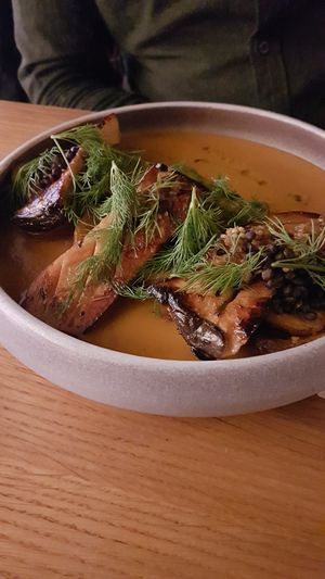 Marinated king oyster mushrooms in pumpkin-dill sauce at Moment in Prague