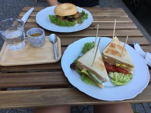 Club sandwich, bagel & coffee  at Moment in Prague