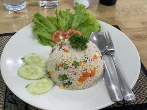 Fried rice with crispy pork, 99 baht  at Apple Vegan Cafe & Restaurant - ร้านอาหารเจ คาเฟ่เจ in Pattaya