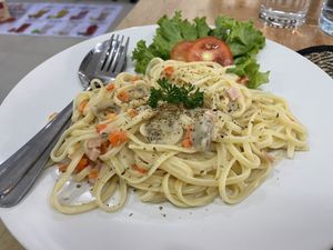 Spaghetti with white cream sauce, 130 baht  at Apple Vegan Cafe & Restaurant - ร้านอาหารเจ คาเฟ่เจ in Pattaya