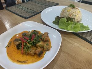 Rice with crispy pork and sea bass  at Apple Vegan Cafe & Restaurant - ร้านอาหารเจ คาเฟ่เจ in Pattaya