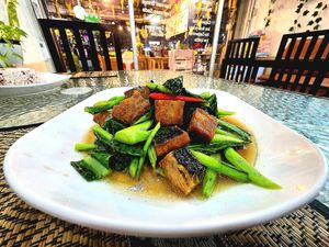 Stir-Fried Kale with Sea Bass. at Apple Vegan Cafe & Restaurant - ร้านอาหารเจ คาเฟ่เจ in Pattaya