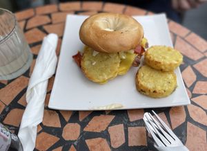 Vegan bagel with sausages, hash browns, cheese and tomatoes - Thirteen, Whitley Bay  at Thirteen in Whitley Bay
