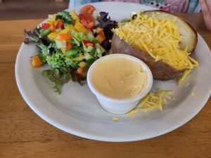 jacket potato with vegan cheese at Attfield's Farm Shop in Leicester