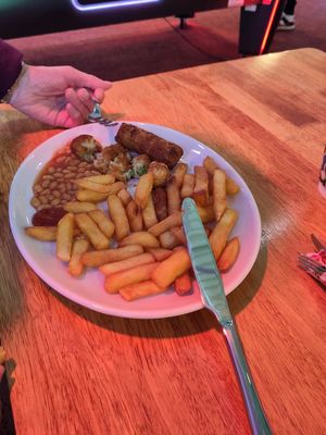 Sausage, chips and beans at Captain Kids Coffee Lounge  in Skegness