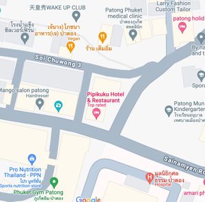 It's the vegan restaurant shown in the upper left in orange just behind Soi Chuwang 3. at Vegan and Vegetarian Restaurant in Phuket