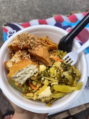 Noodles with vegetables and fried tofu at Vegan and Vegetarian Restaurant in Phuket