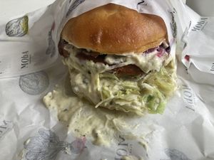 Vegan burger I think was seitan based.  at Moba Plantbased in Belgrade