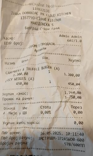 Receipt at Moba Plantbased in Belgrade