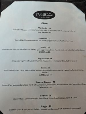 Pizza menu at F'Amelia Ristorante in Toronto