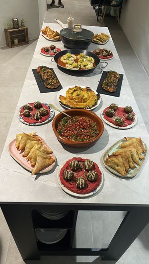 table with all the dishes!  at In Bloom Vegan Cooking School in Barcelona