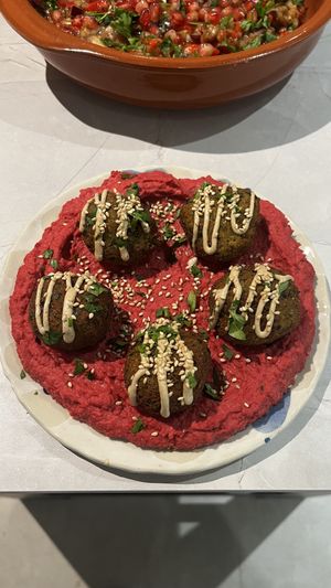 falafel, beetroot hummus  at In Bloom Vegan Cooking School in Barcelona
