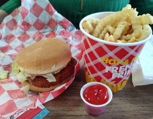 Veggie Chicken Sandwich and fries at Mr. Don's  in Springfield
