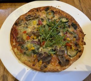 Vegan pizza (delicious, very cheesy)  at Astley Book Farm in Bedworth
