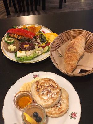 Mediterranean and pancake breakfast platters  at Symbiose in Leipzig