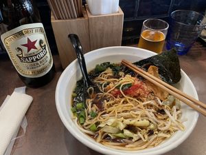 Giant Sapporo and Syoyu Tonkotsu Ramen  at Vegan Ramen by Playpen Friends in Osaka