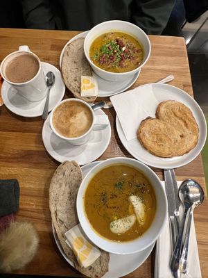 Soup, dhal, pastry and hot chocolate/coffee   at XOKO in Inverness