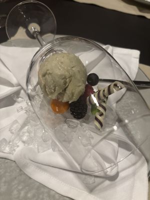 Vegan basil sorbet - careful, the chocolate spiral it comes with is not vegan   at La Cucina in Soelden