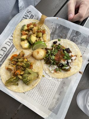 Three different veggie tacos with no cheesee  at Diablos Tacos & Mezcal in Hot Springs