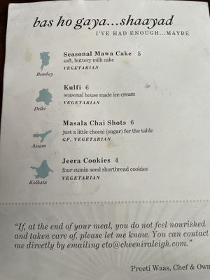 Menu  at Cheeni in Durham