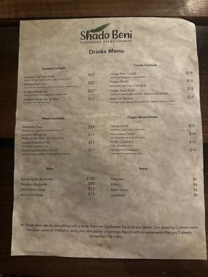 Drinks menu  at Shado Beni Caribbean Tapas Lounge in Caye Caulker