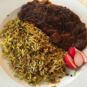 Persian rice and choresht badenjun  at Zakaim - Vegan Boutique in Tel Aviv