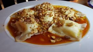 Almond cream cheese ravioli at Zakaim - Vegan Boutique in Tel Aviv