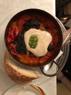 Burnt eggplant in salsa at Zakaim - Vegan Boutique in Tel Aviv