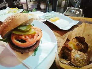 Beyond burger with potatoes at Zakaim - Vegan Boutique in Tel Aviv
