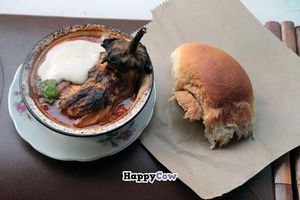 Eggplant with homemade Challah-bread at Zakaim - Vegan Boutique in Tel Aviv