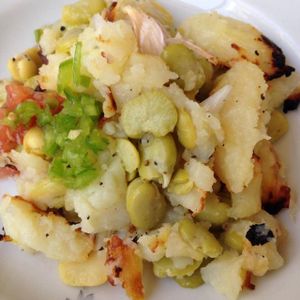 Green Fava Bean and Potato Dish at Zakaim - Vegan Boutique in Tel Aviv