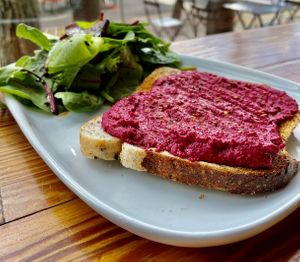 Beetroot Hummus Toast - Vegan when selecting multigrain wheat or sourdough bread. at The Coffee Box in Rahway
