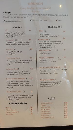 Menu at Lola Rosa - Parc in Montreal