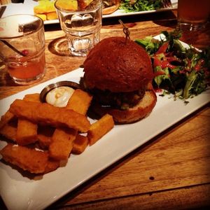 Hemp burger with chickpea fries and vegan mayo...yumm!! at Lola Rosa - Parc in Montreal