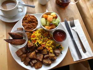 Tofu scramble with baked beans and sausage  at Lola Rosa - Parc in Montreal