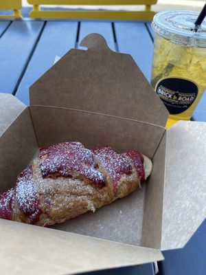 Vegan raspberry croissant (so good!) and strawberry green tea   at Brick Road Coffee in Tempe