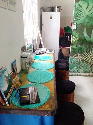 The stools/sitting area at Love Thyself Vegan Kitchen in St Georges