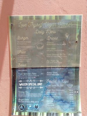 Daily menu on the outside of the building at Love Thyself Vegan Kitchen in St Georges