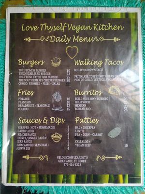 Daily menu at Love Thyself Vegan Kitchen in St Georges
