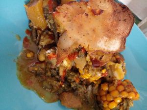 Thursday Special: Vegan Oil Down (corn, dumpling, greenfig, breadfruit, etc) at Love Thyself Vegan Kitchen in St Georges
