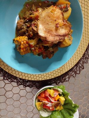 Vegan oil down and salad at Love Thyself Vegan Kitchen in St Georges