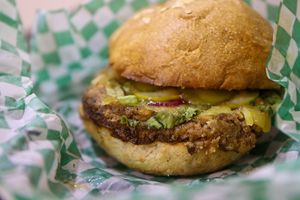 mushroom burger at Love Thyself Vegan Kitchen in St Georges