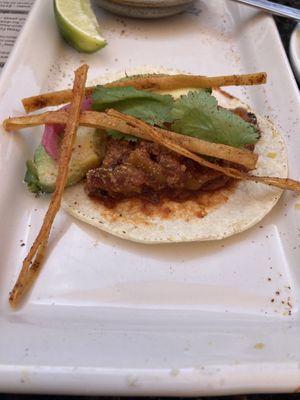 Banana Peel taco. Good… but not as good as the  carrot taco..!  at The Plot in Costa Mesa