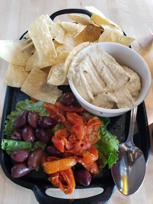Hummus plate with chips and remove feta at SLC - Salt Lake Brewing Co - TA in Salt Lake City