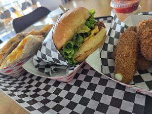 Galadilla (galaxy fry quesadilla), Single Cheeseburger, Mozzarella Sticks at Planet Vegan in Fresno