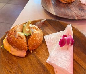 Vegan breakfast bagel - egg, cheese, bacon, avocadoo  at Sisters Coffee Shop - Castro St in San Francisco