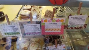 Lemon almond yogurt, violet beauregard, apple bottom, and grass hoppin min chip at The Flying Cupcake in Indianapolis