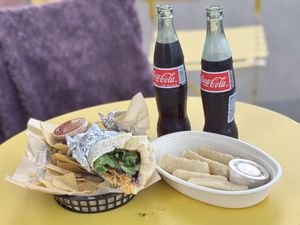 Avocado & Plantain Burrito, Yucca fries with cashew queso, chips, salsa, and Mexican Coke!   at Mamacitas in Asheville