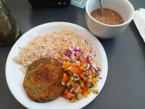 Dish with chickpea patty at Veg Veg in Curitiba