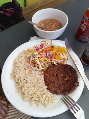 Dish with red bean patty at Veg Veg in Curitiba